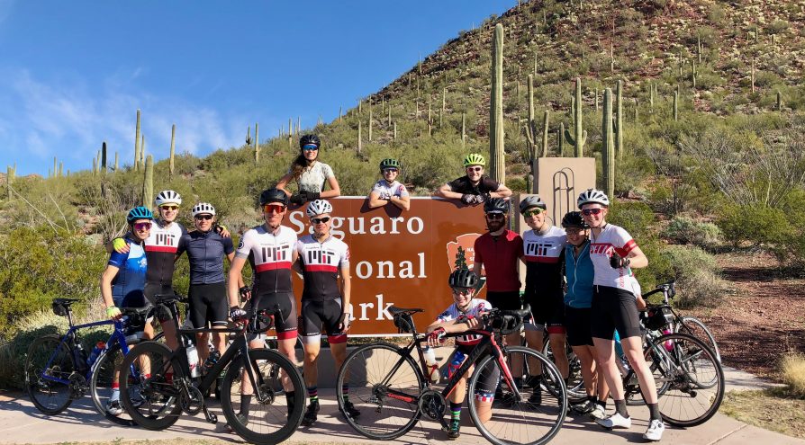 Cyclists posing in front of cactus scene