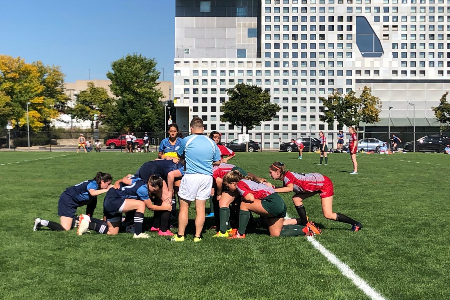 Action shot of players in a scrum